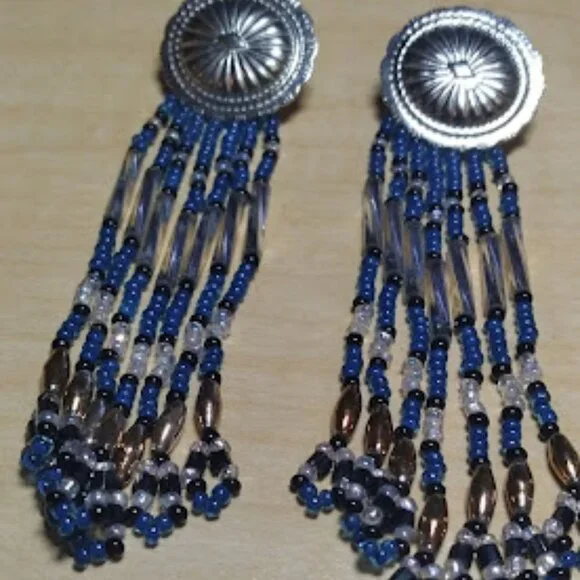 Silver Tone Blue Glass Beads Pierce Earrings 3" Long - Picture 7 of 10